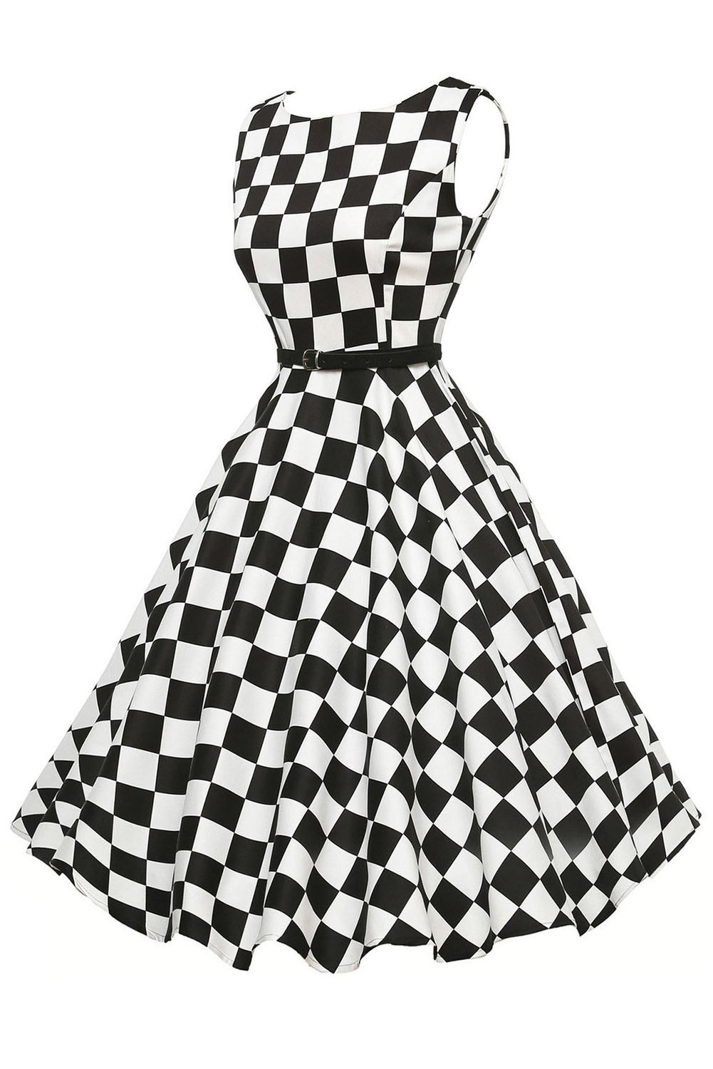 Черно-белое в клетку винтажное платье с пышной юбкой.