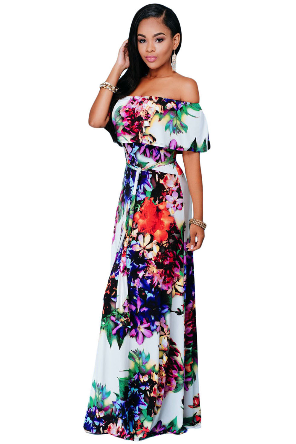 Разноцветное платье с цветочным принтом и с баской на открытых плечах арт. 30691