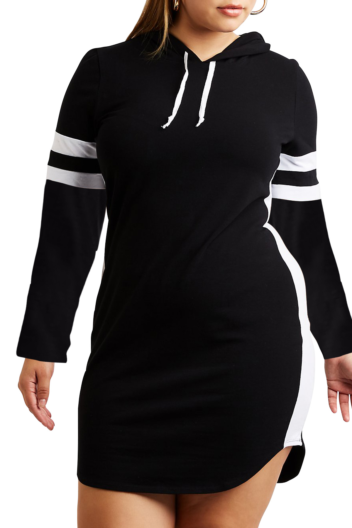 Черное платье-толстовка с капюшоном и белыми контрастными полосами арт. 75519