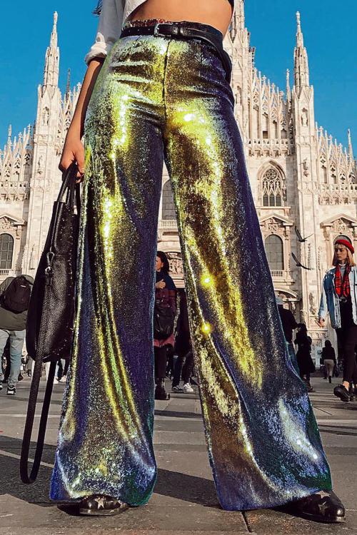 Золотистые блестящие брюки-палаццо с высокой талией и ремнем арт. 121642