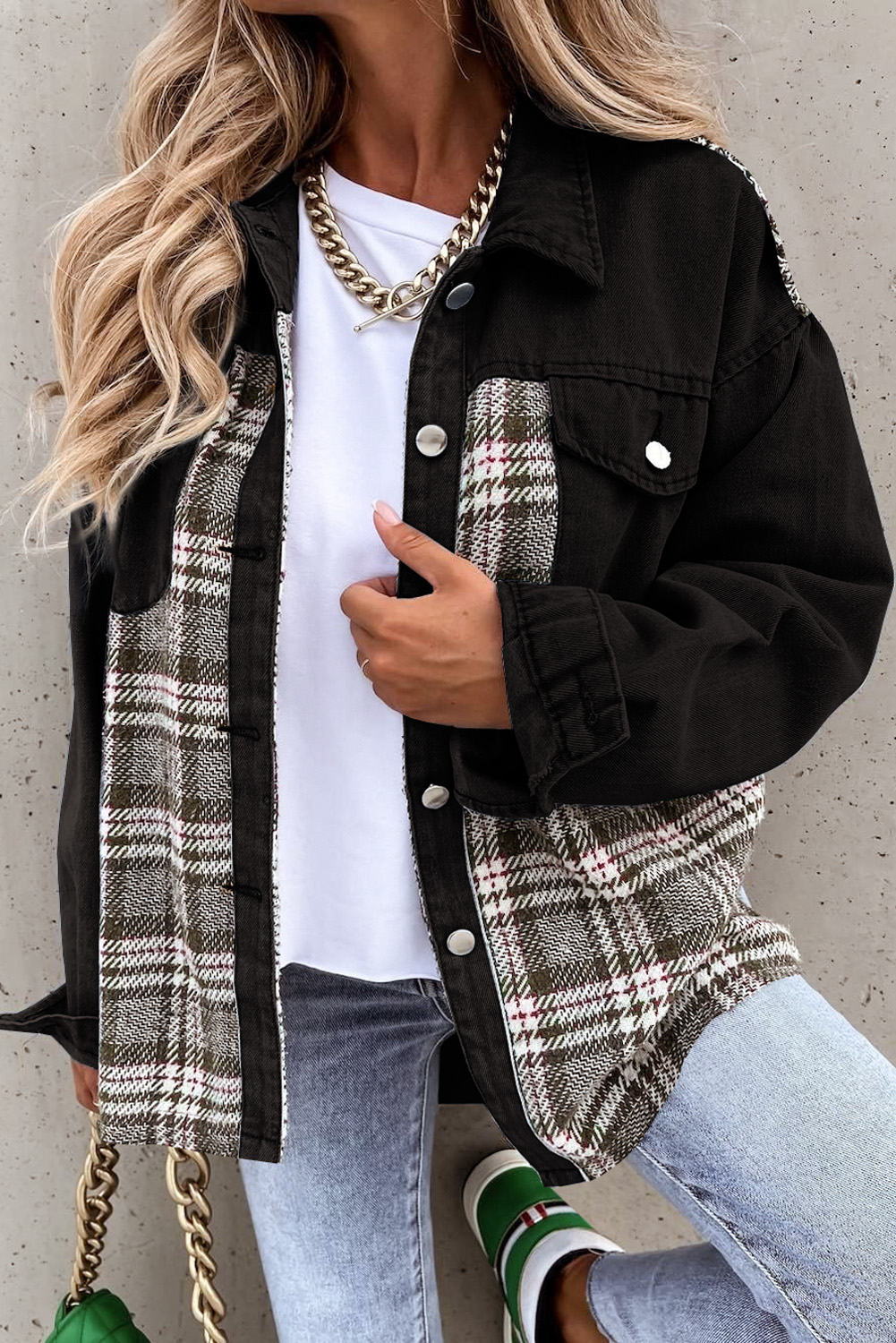Black Plaid Patchwork Raw Hem Denim Jacket .1851321