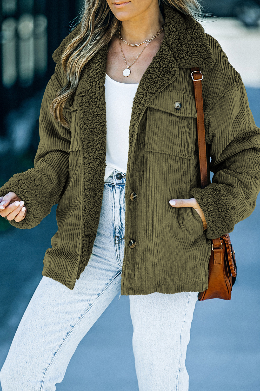 Green Corduroy Ribbed Shell Fleece Lining Jacket .1851376