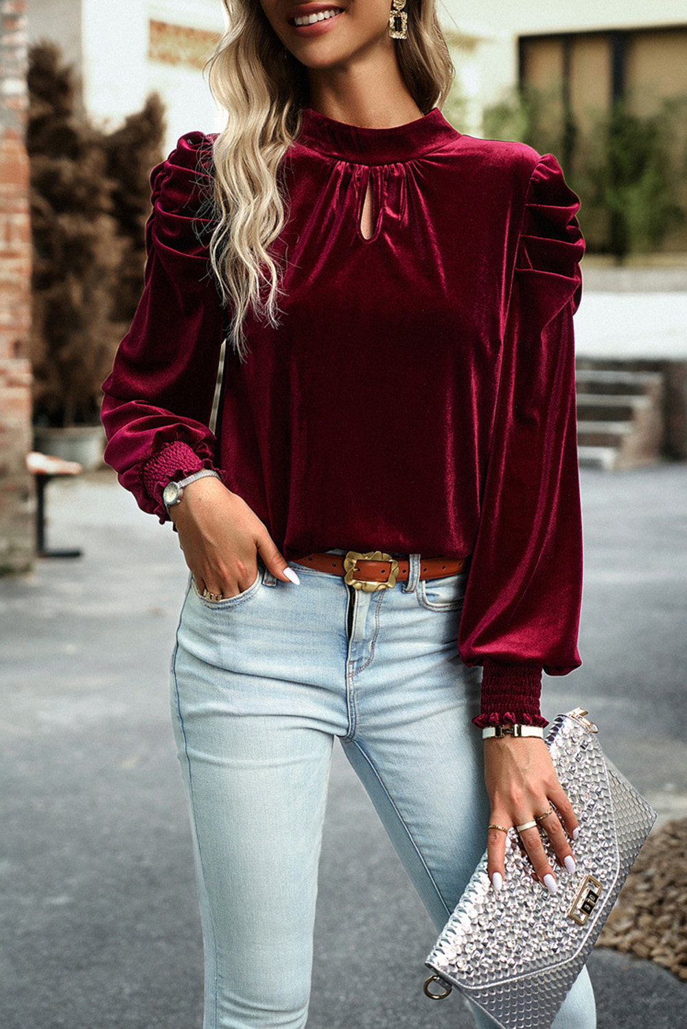 Mock neck velvet top on sale