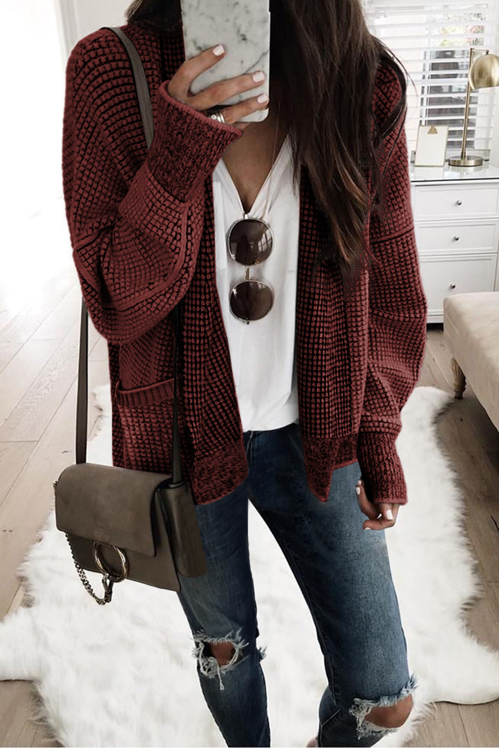 Fiery Red Chunky Waffle Knit Oversized Collar Cardigan 1887271 VitoRicci