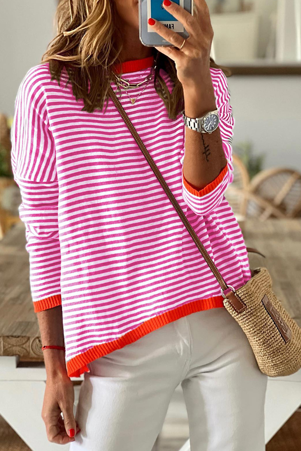Pink Contrast Trimmed Striped Drop Shoulder Sweater арт.1890607 - купить в  Симферополе