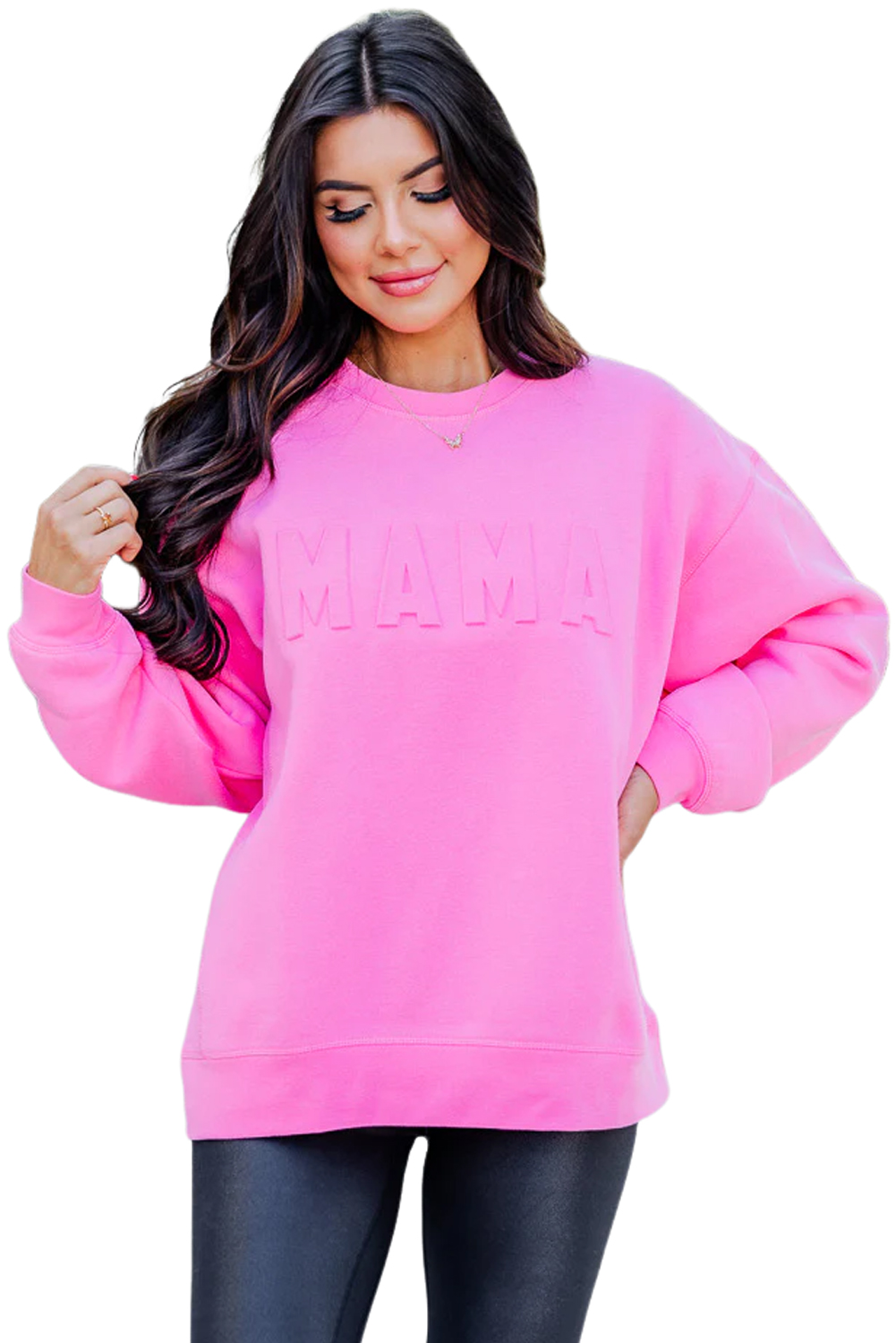 Bright Pink MAMA Letter Embossed Casual Sweatshirt .1780390557