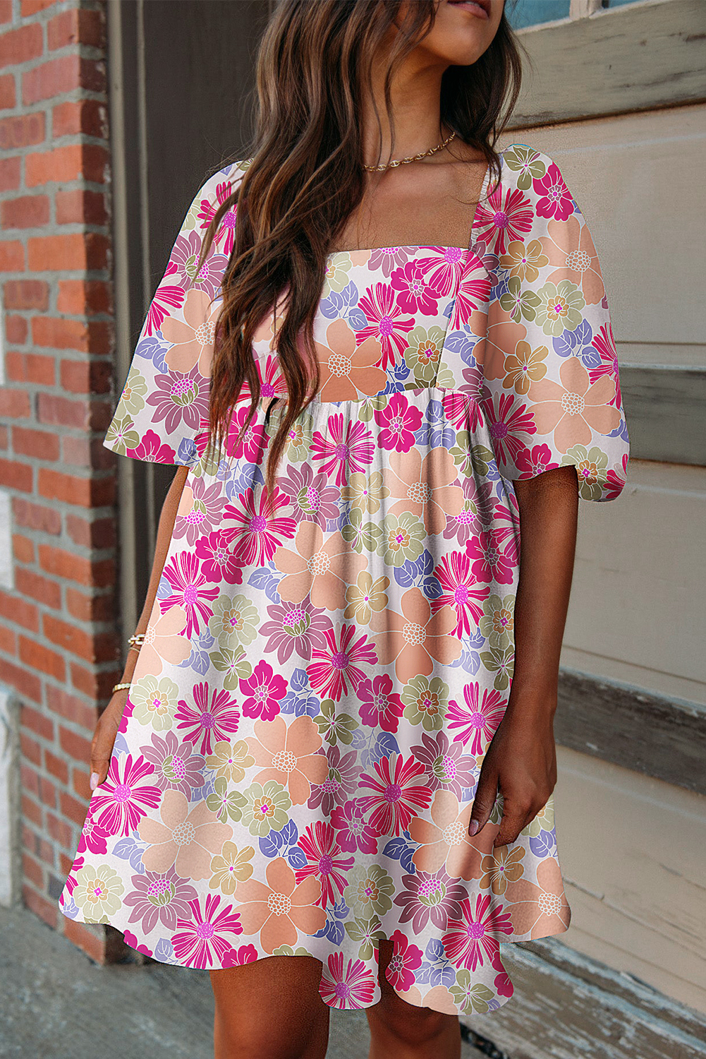 Rose Summer Floral Square Neck Puff Sleeve Babydoll Dress 1780398669 VitoRicci