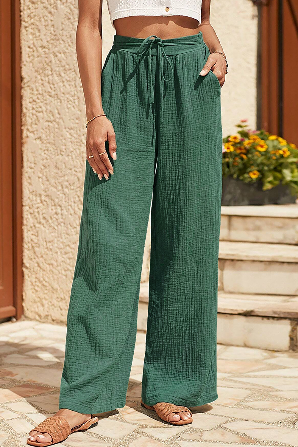 Mist Green Crinkle Textured Drawstring High Waist Wide Leg Pants .1780398893