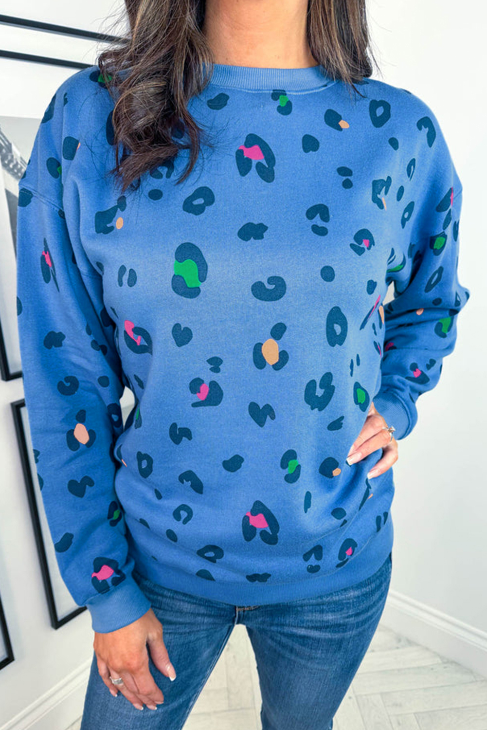 Sky Blue Leopard Ribbed Edge Drop Shoulder Pullover Sweatshirt .1780404112
