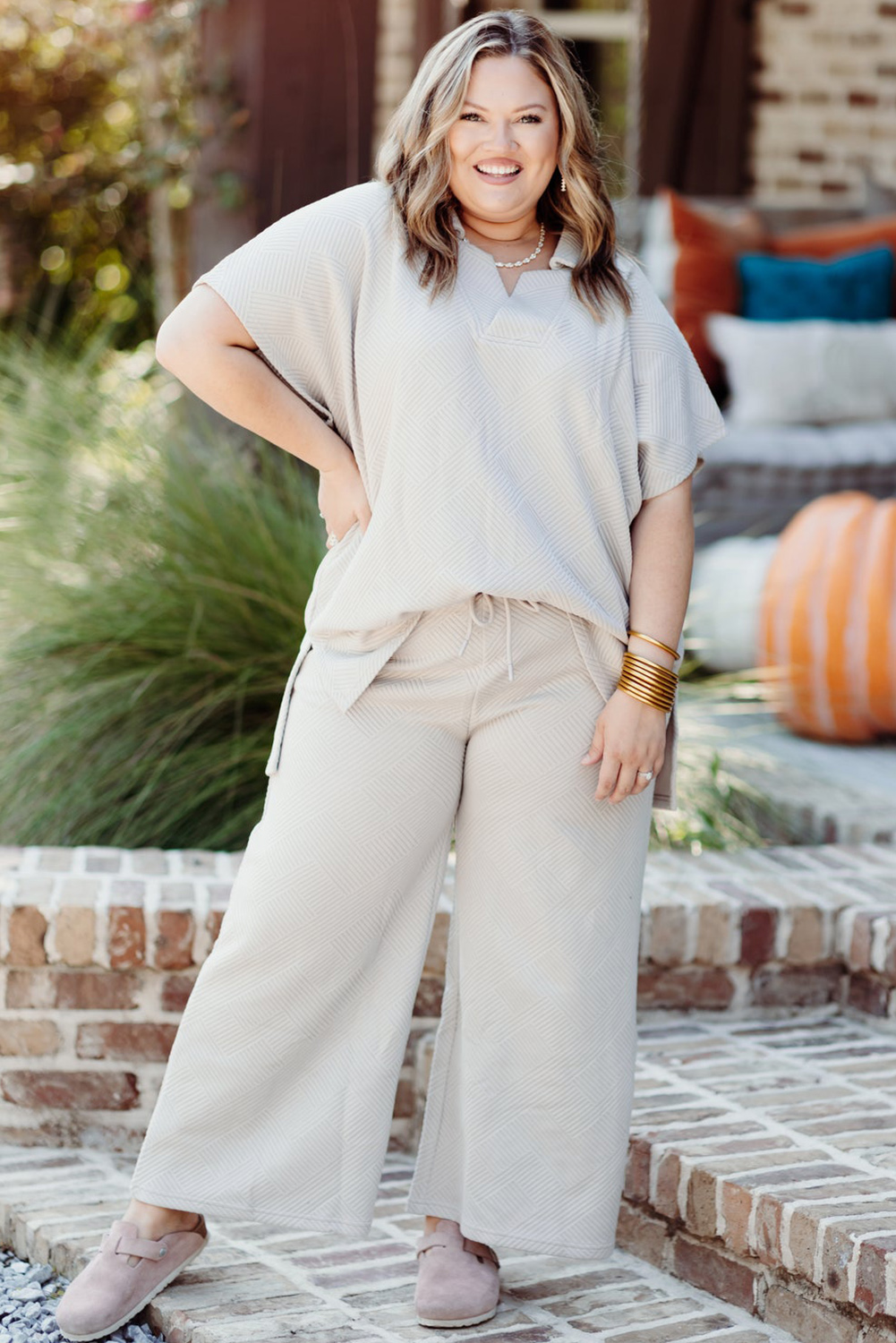Beige Plus Size Textured Collared Top and Pants Set 1780404162 VitoRicci