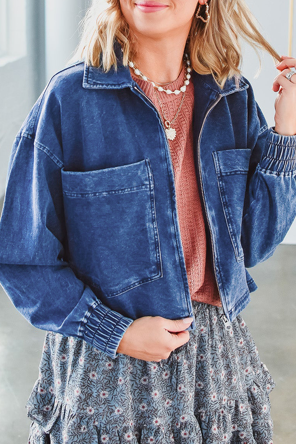 Sail Blue Large Side Pockets Zip up Denim Jacket