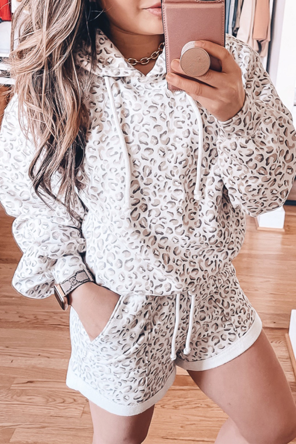 White Classic Leopard Hoodie and Shorts Set .1780409509