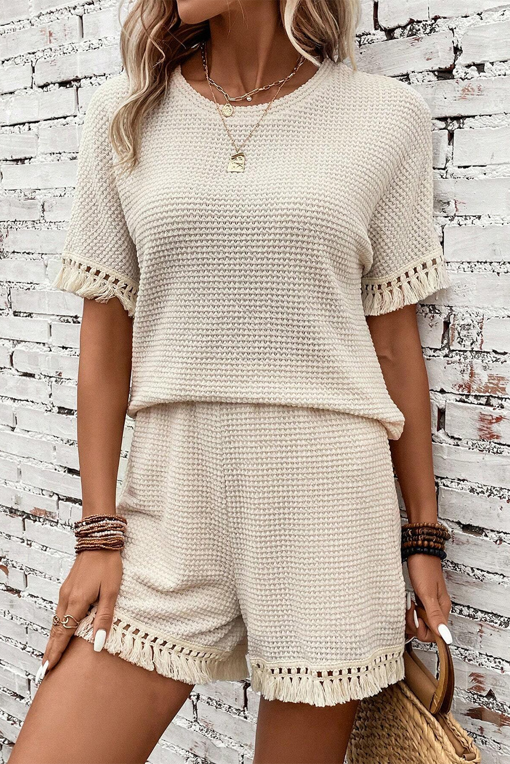 Beige Fringe Trim Textured Short Two Piece Set .1780409541
